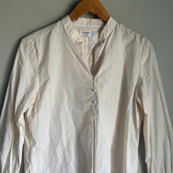 FRAME Ruffle Cuff Cotton Shirt In Light Pink Multi XS - Picture 6 of 14